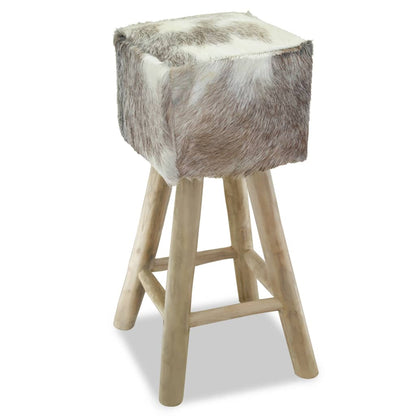 vidaXL Bar Stool Real Leather and Solid Teak Wood-3