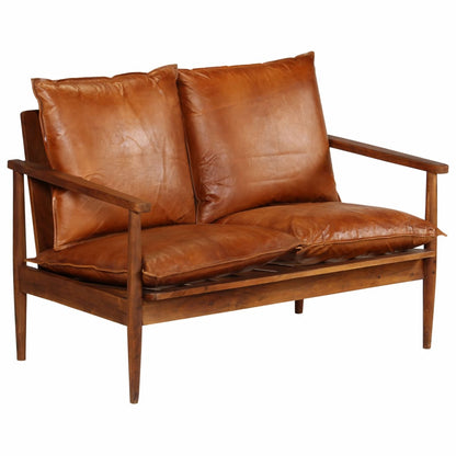 vidaXL 2-Seater Sofa Real Leather with Acacia Wood Brown-0