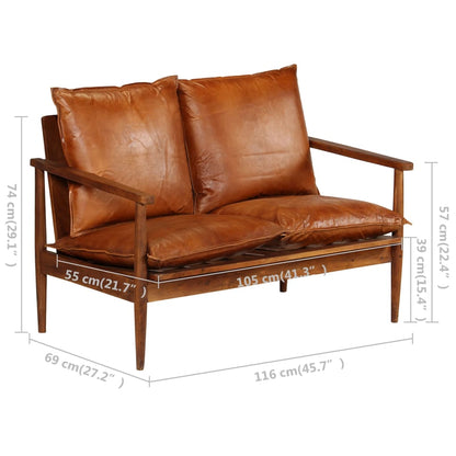 vidaXL 2-Seater Sofa Real Leather with Acacia Wood Brown-3