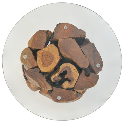 vidaXL Coffee Table Round End Table with Glass Tabletop Solid Teak Driftwood-2
