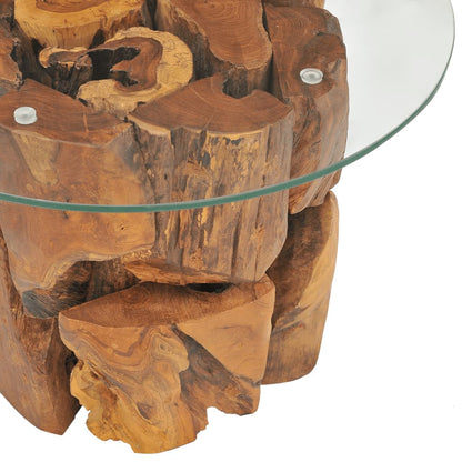 vidaXL Coffee Table Round End Table with Glass Tabletop Solid Teak Driftwood-4