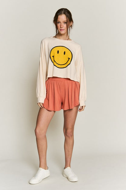 Smiley Face Long Sleeve Crop Top Plus