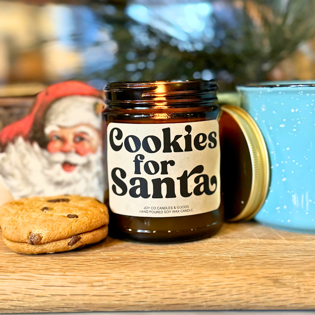 Cookies for Santa Candle, Groovy Christmas Collection, Christmas Scented Candle, Christmas Gifts, Holiday Decor, 100% Soy Wax 9 oz Candle, 50 Hour Burn Time, Recyclable Amber Glass Jar, Made in the USA