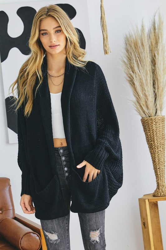 Pattern Knit Dolman Sleeve Solid Slouch Cardigan