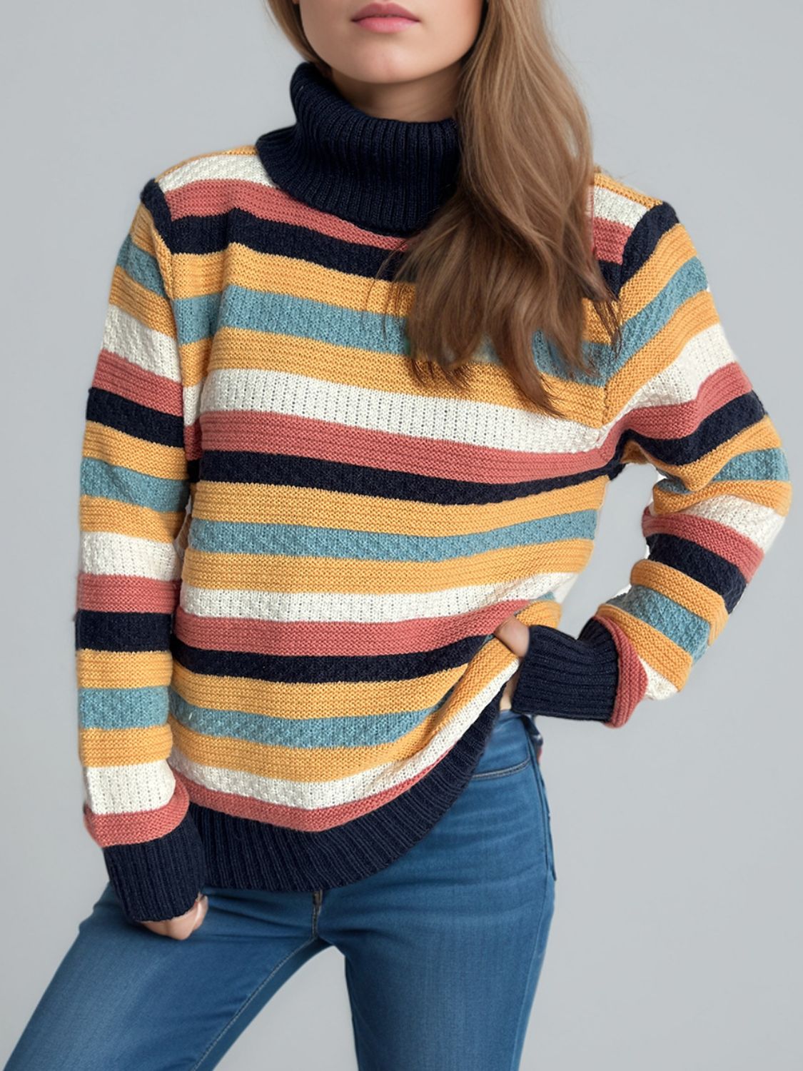 Contrast Stripes Turtleneck Long Sleeve Sweater