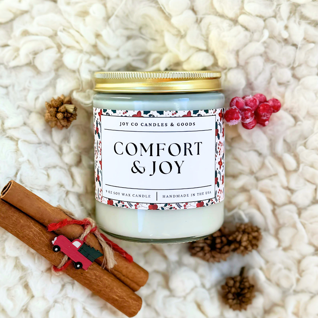 Comfort &amp; Joy Candle, Christmas Cottage Collection, Christmas Scented Candle, Christmas Gifts, Holiday Decor, 100% Soy Wax 9 oz Candle, 50 Hour Burn Time, Recyclable Clear Glass Jar, Made in the USA