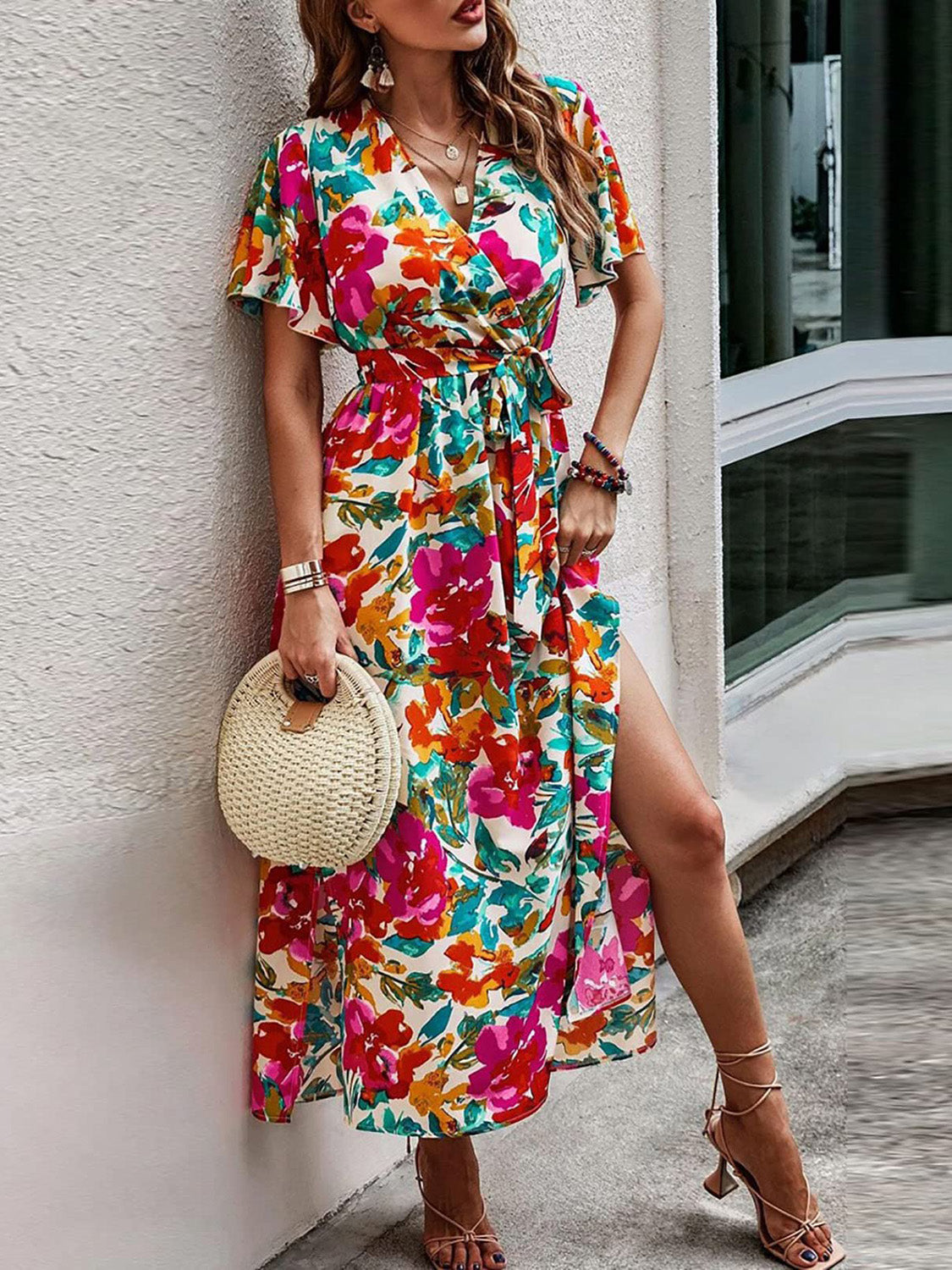 Tied Slit Floral Short Sleeve Dress