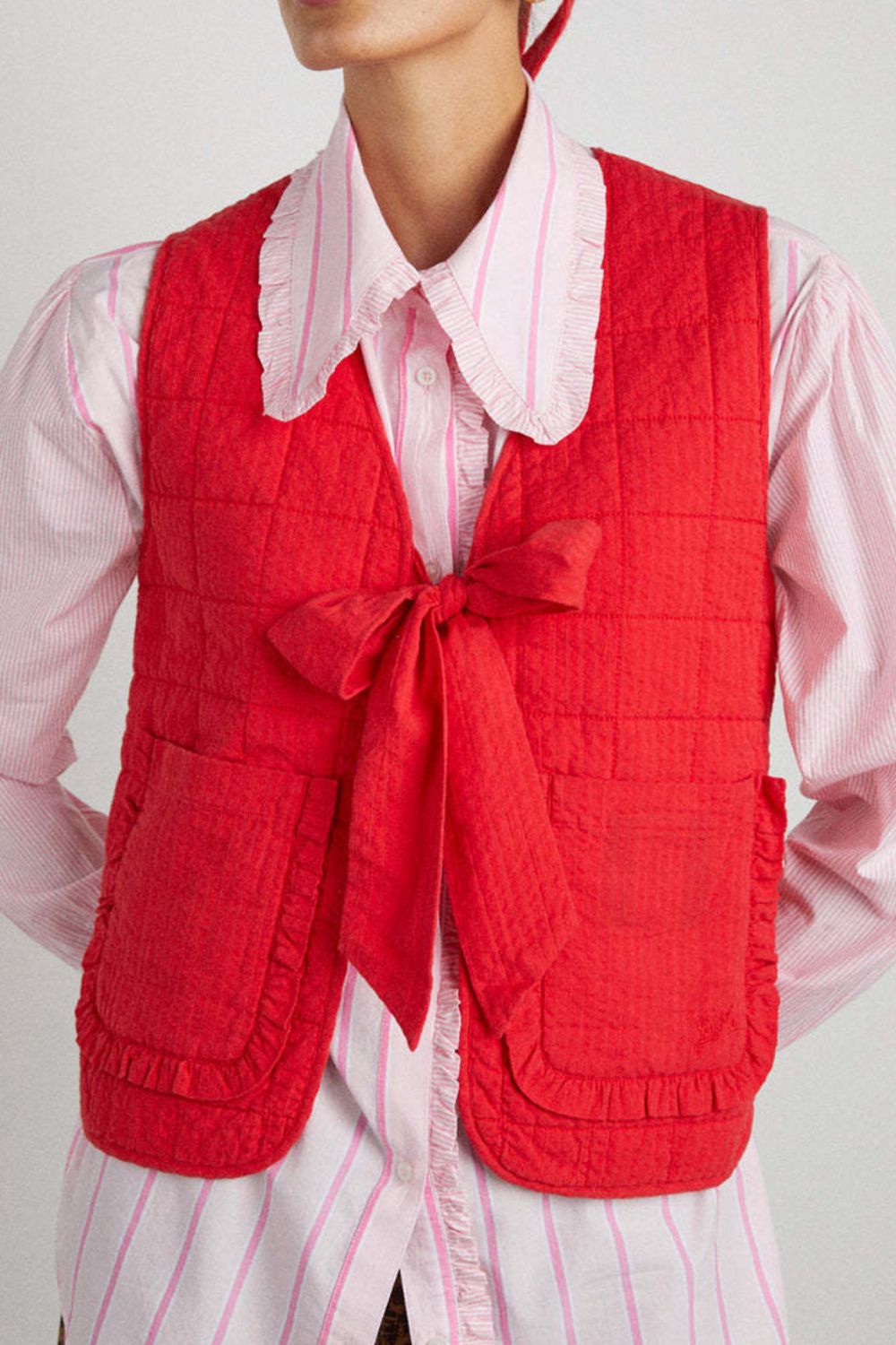 Tied Frill Vest Coat with Pockets