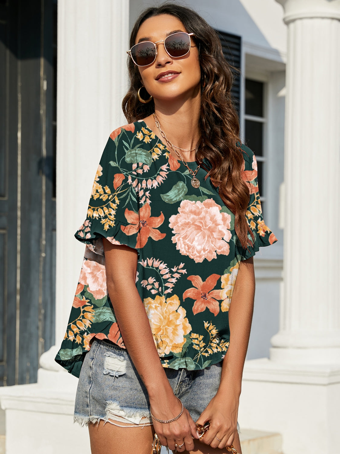 Double Take Floral Ruffled Short Sleeve Blouse