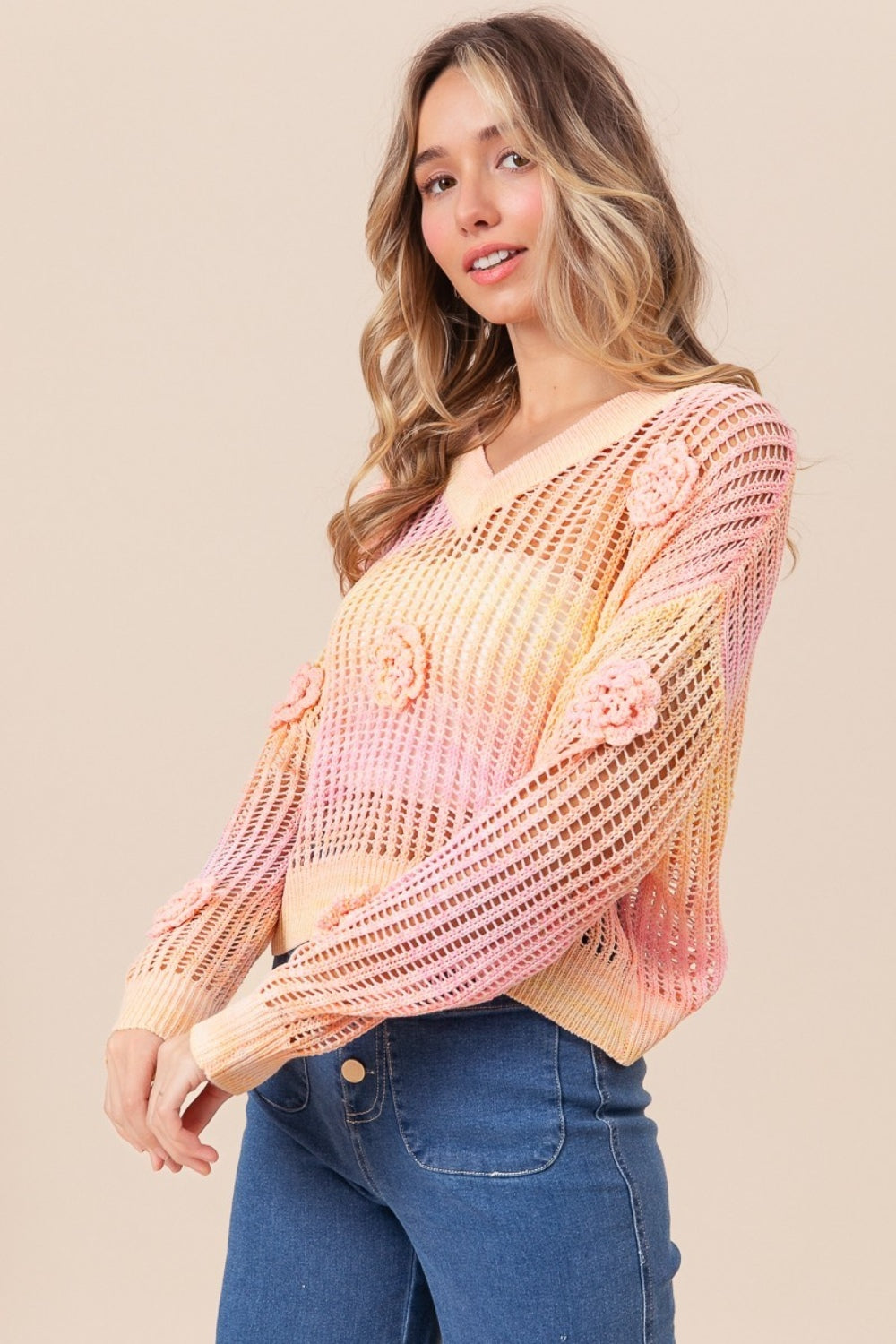 Ombre Crochet Flower Knit Top