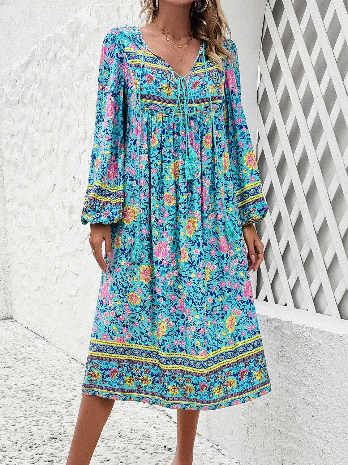 Tassel Tied Printed Long Sleeve Dress