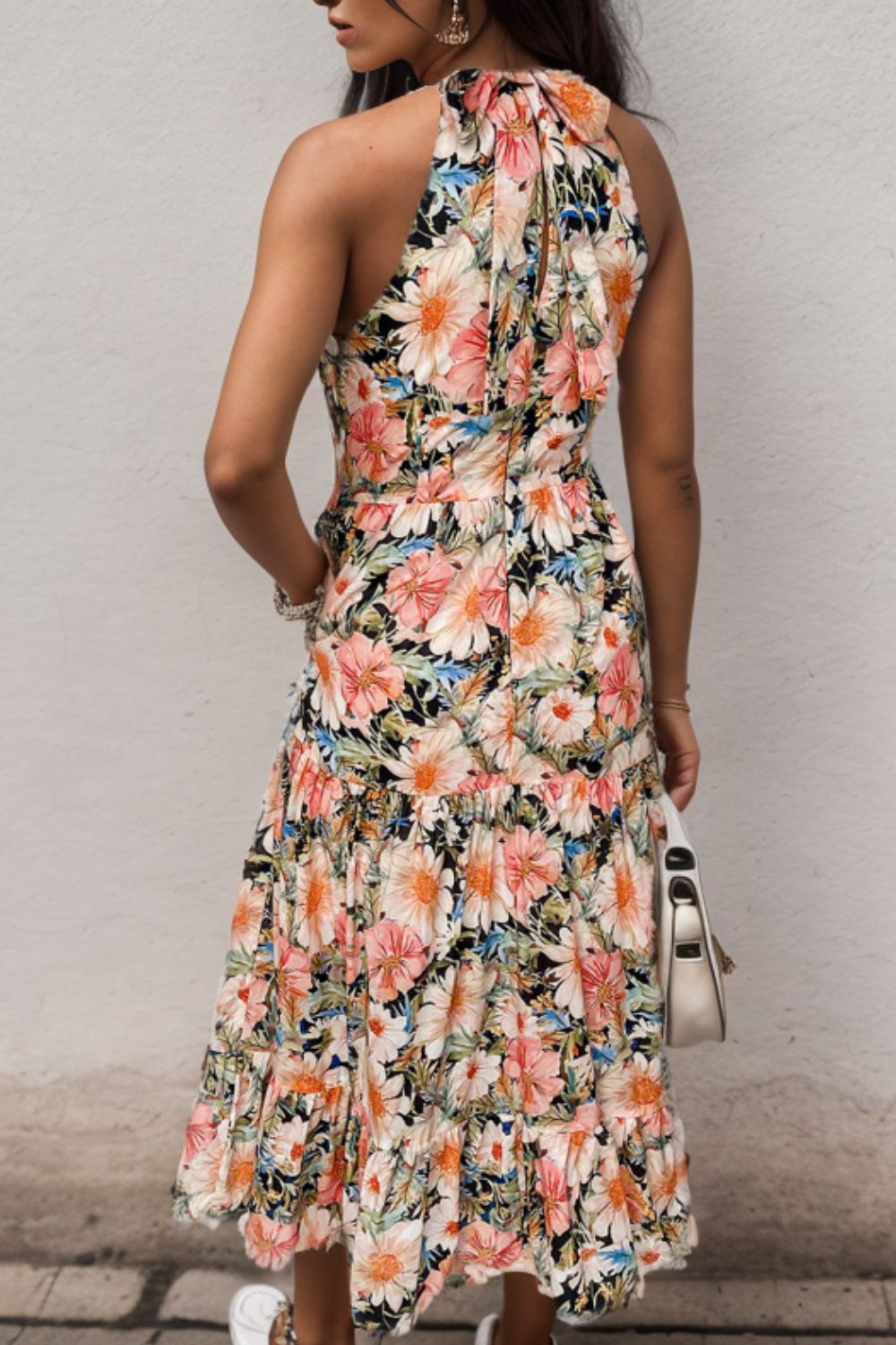 Printed Tiered Pocketed Mock Neck Midi Dress