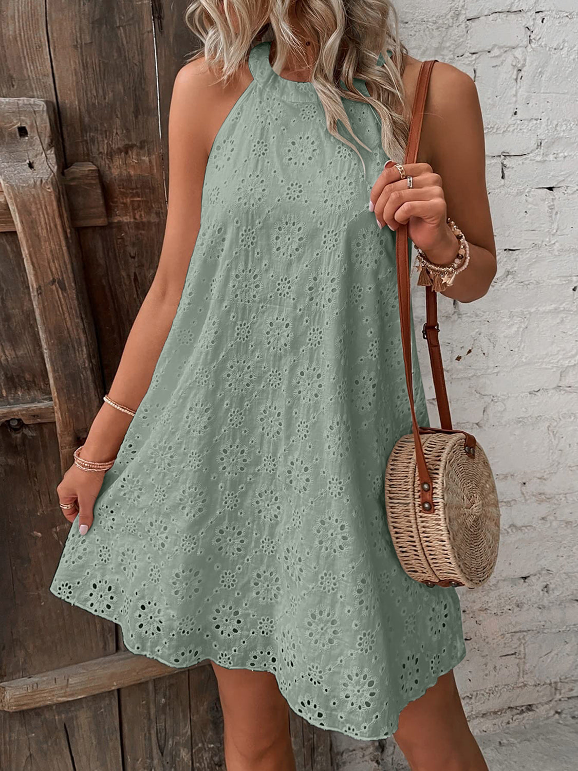 Eyelet Grecian Neck Mini Dress