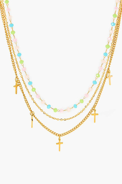 18K Gold Plated Cross Pendant Triple-Layered Necklace