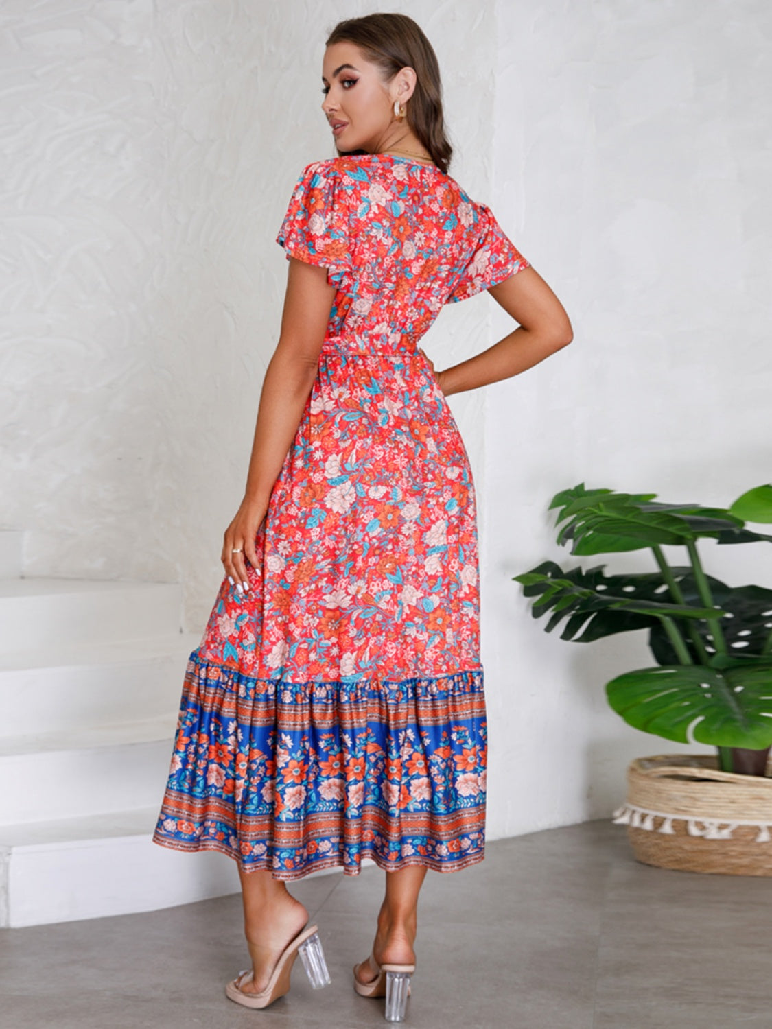 Tied Printed V-Neck Short Sleeve Dress