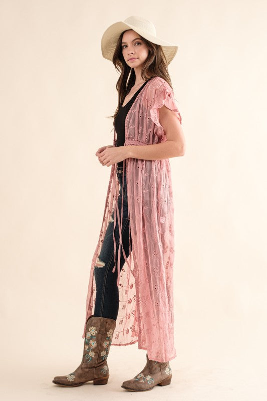 CHIFFON EMBROIDERY LACE KIMONO DUSTER CARDIGAN