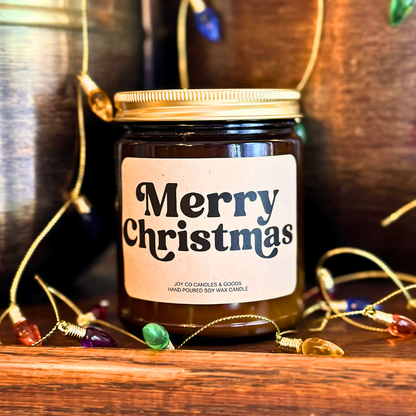 Merry Christmas Candle, Groovy Christmas Collection, Christmas Scented Candle, Christmas Gifts, Holiday Decor, 100% Soy Wax 9 oz Candle, 50 Hour Burn Time, Recyclable Amber Glass Jar, Made in the USA