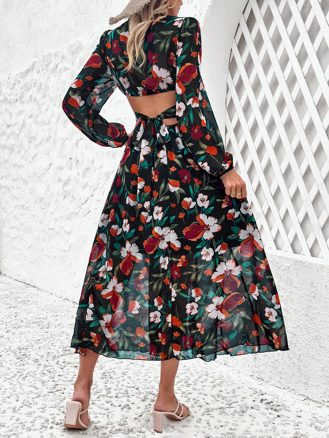 Cutout Printed V-Neck Balloon Sleeve Dress