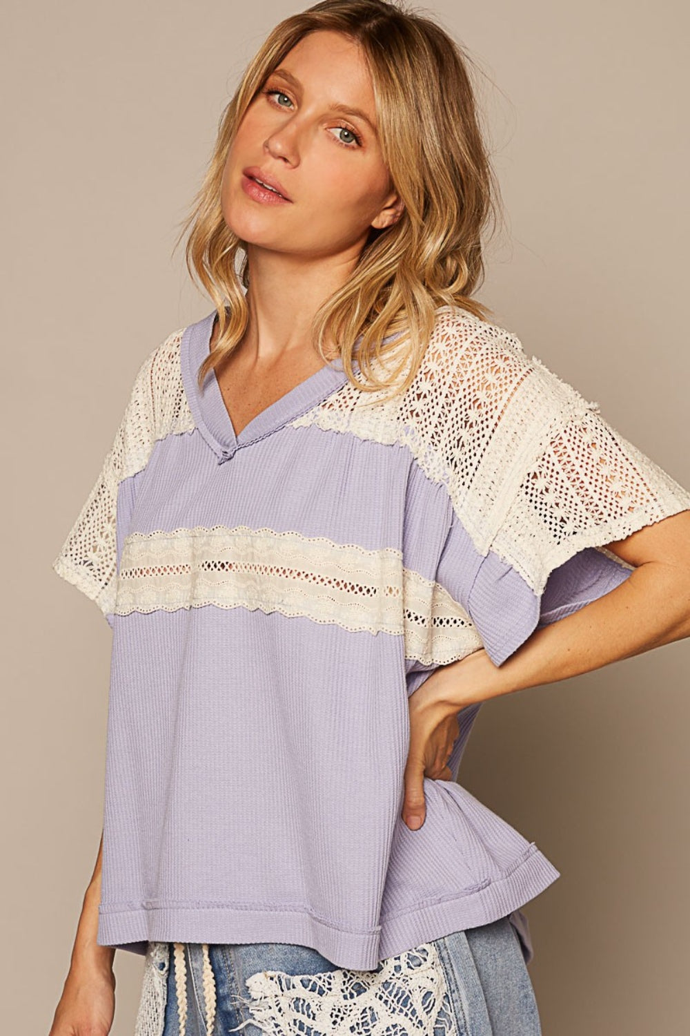 POL V-Neck Short Sleeve Crochet Detail Top