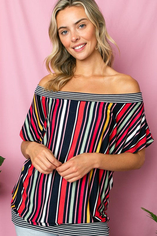 PLUS MULTI STRIPE OFF SHOULDER TOP