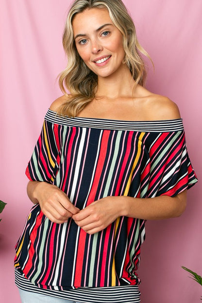 PLUS MULTI STRIPE OFF SHOULDER TOP