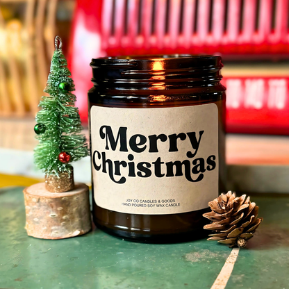 Merry Christmas Candle, Groovy Christmas Collection, Christmas Scented Candle, Christmas Gifts, Holiday Decor, 100% Soy Wax 9 oz Candle, 50 Hour Burn Time, Recyclable Amber Glass Jar, Made in the USA