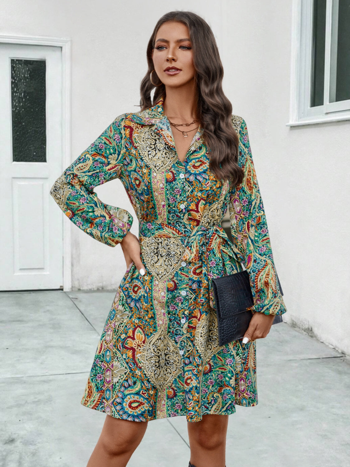 Printed Collared Neck Long Sleeve Dress