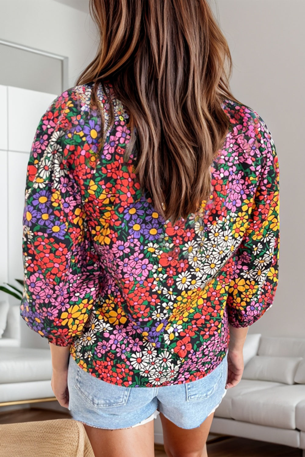 Floral Johnny Collar Balloon Sleeve Blouse