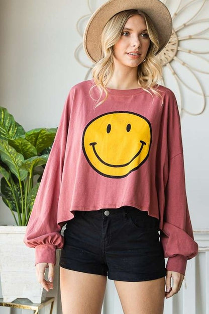 Smiley Face Long Sleeve Crop Top Plus