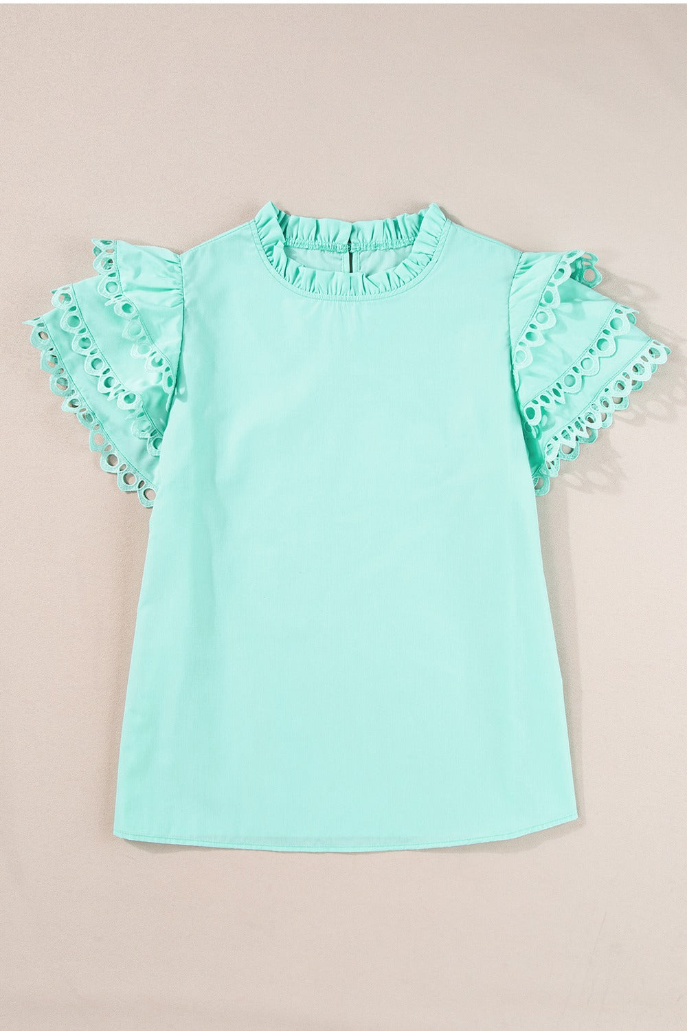 Ruffled Eyelet Round Neck Cap Sleeve Blouse