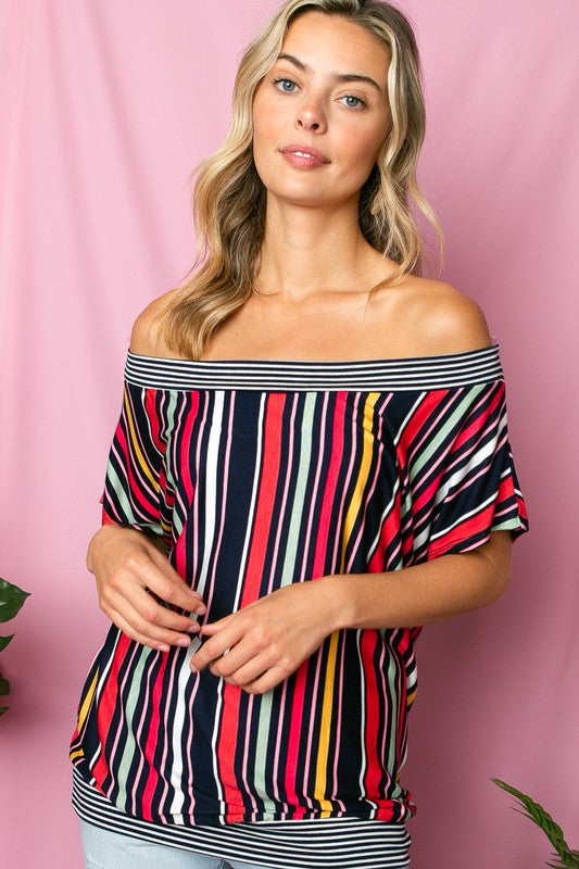 PLUS MULTI STRIPE OFF SHOULDER TOP