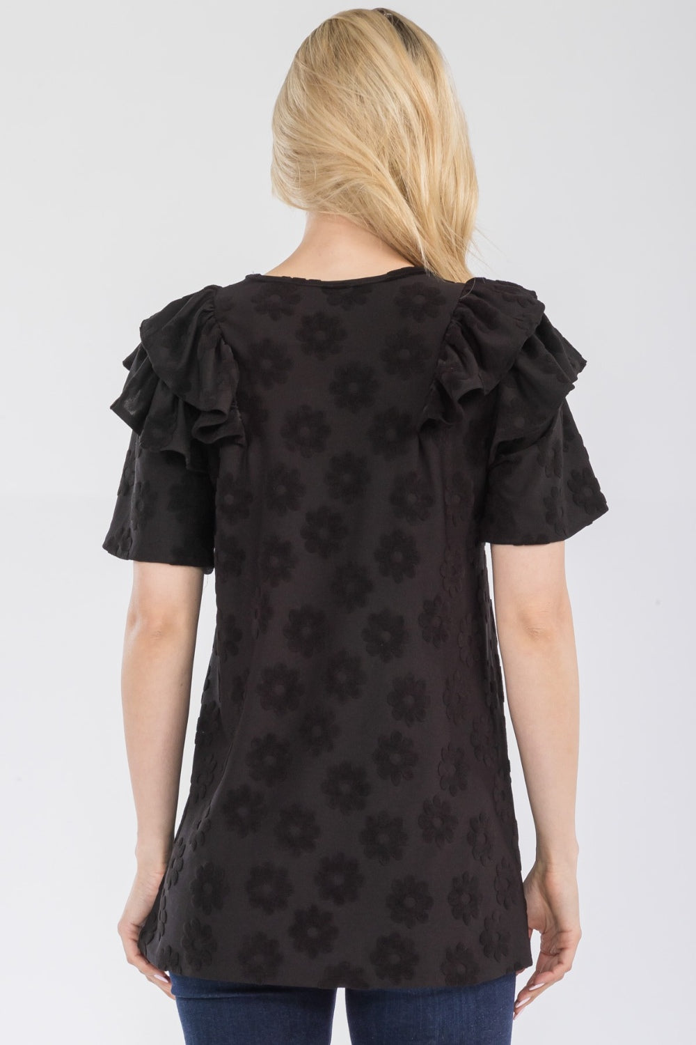 Celeste Full Size Ruffle Layered Short Sleeve Daisy Floral Top