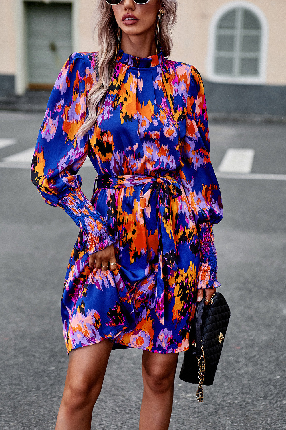 Printed Tie Waist Mock Neck Lantern Sleeve Dress