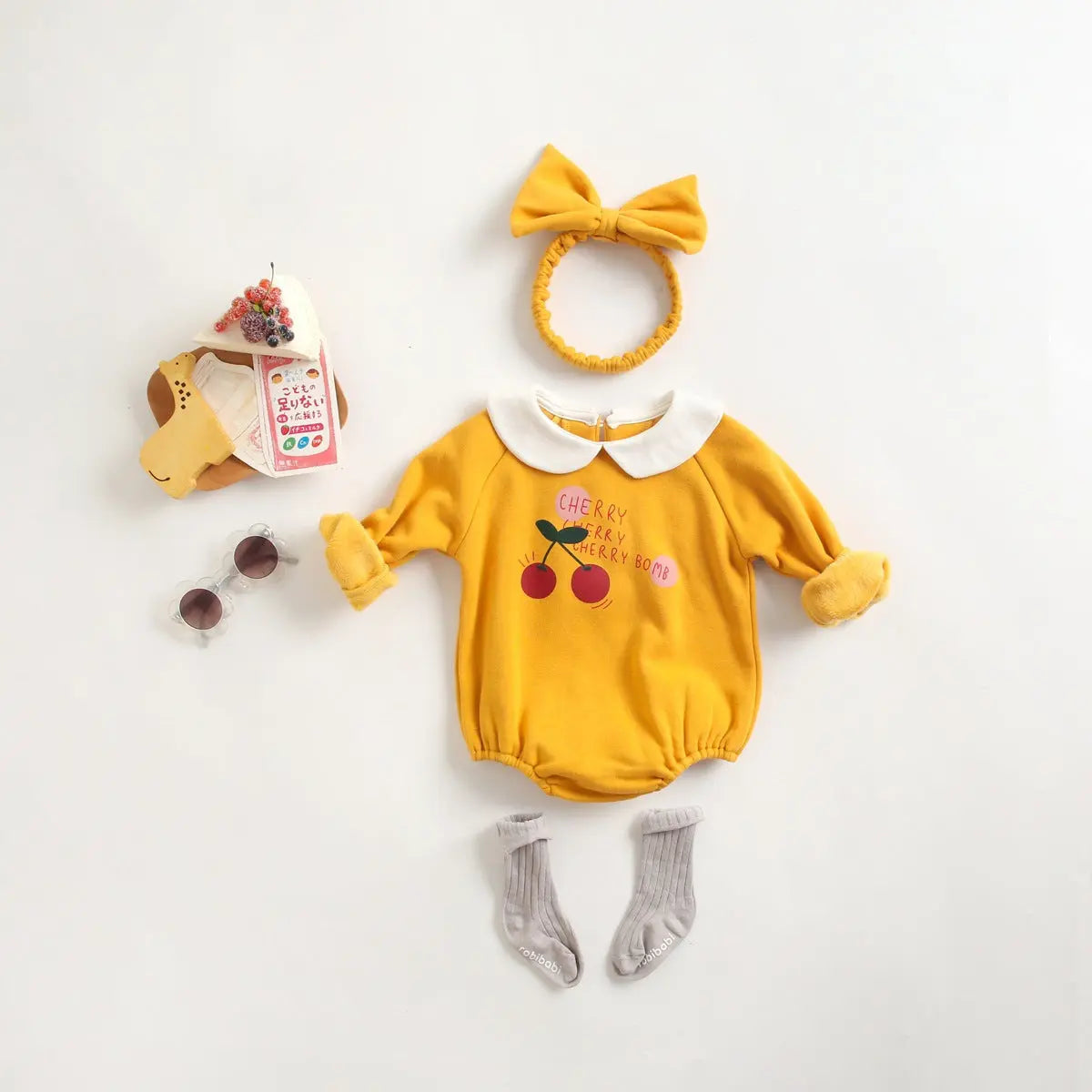 Baby Girl 1pcs Cherry &amp; Slogan Pattern Doll Neck Longsleeve Onesies-1