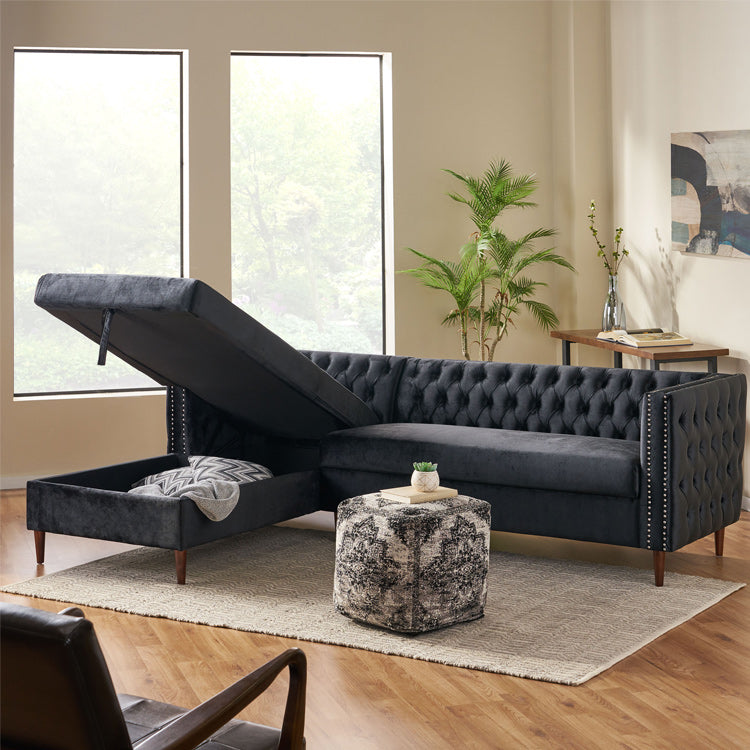 Tufted Velvet Sectional Storage Sofa with Chaise Lounge-3