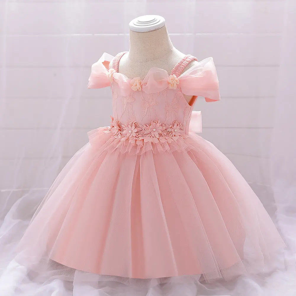 Newborn Baby Girl Birthday Baptism Dress One Shoulder Puff Sleeves Princess Dress-0