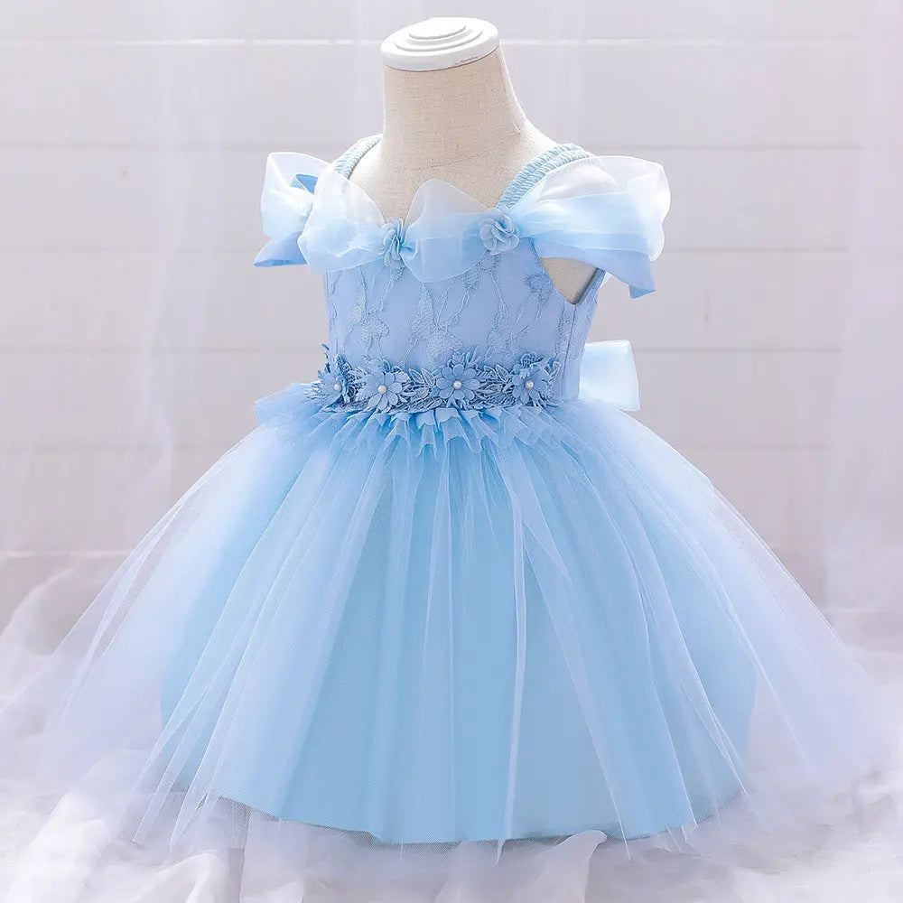 Newborn Baby Girl Birthday Baptism Dress One Shoulder Puff Sleeves Princess Dress-1