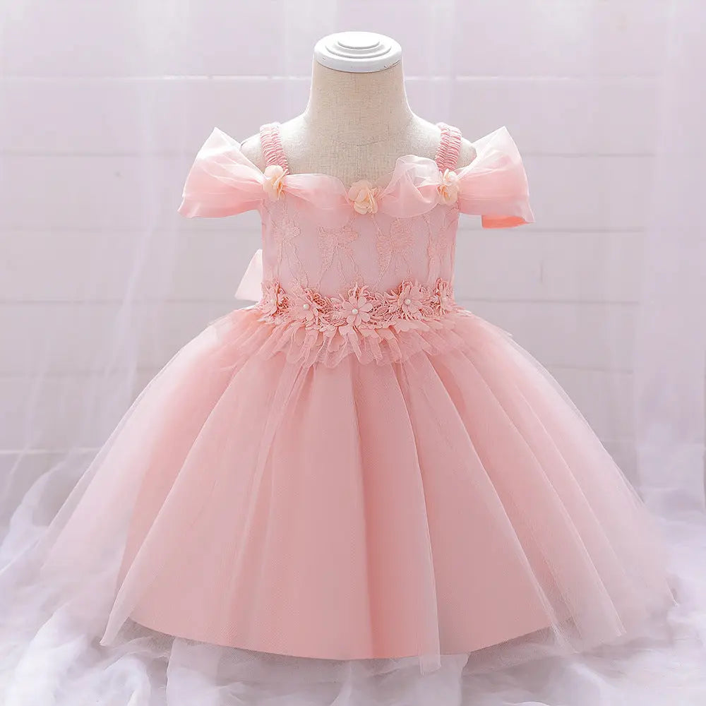 Newborn Baby Girl Birthday Baptism Dress One Shoulder Puff Sleeves Princess Dress-8