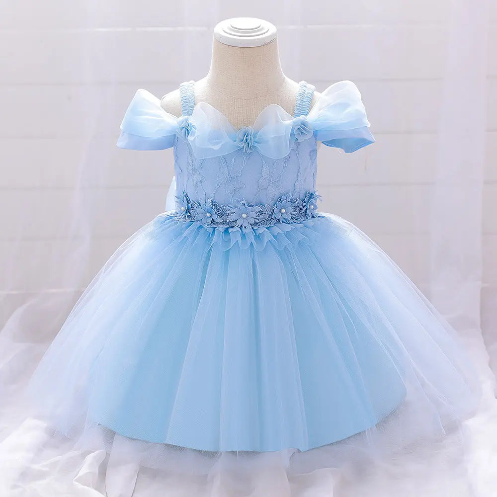 Newborn Baby Girl Birthday Baptism Dress One Shoulder Puff Sleeves Princess Dress-9