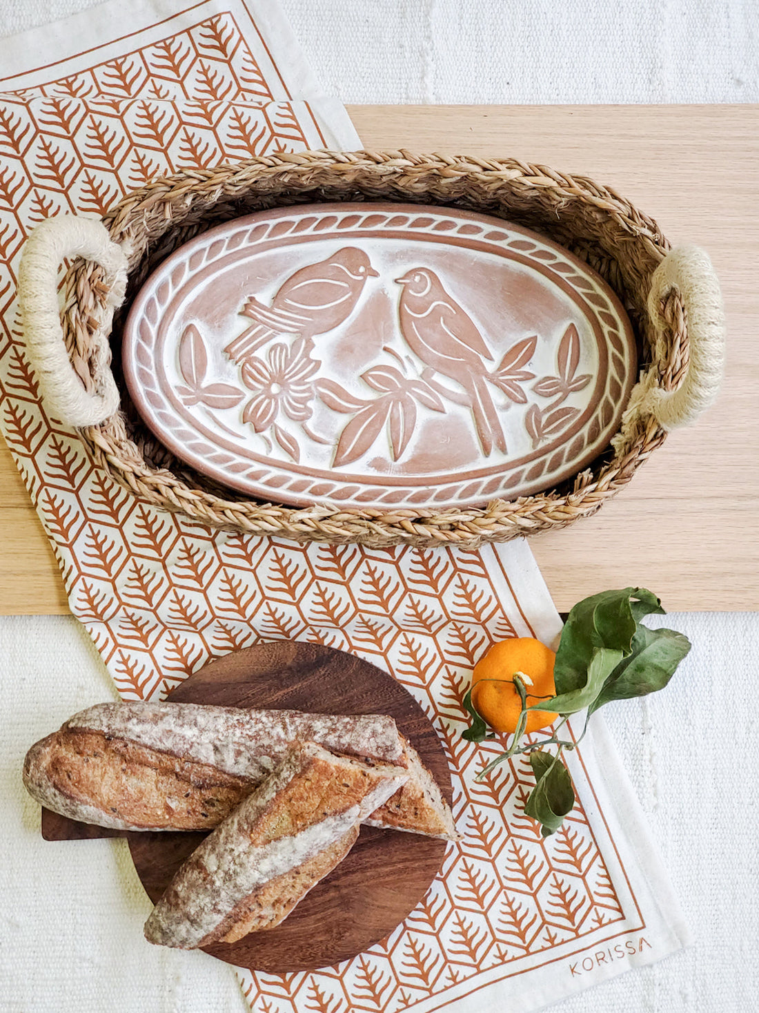 Bread Warmer &amp; Basket Gift Set with Tea Towel - Lovebird Oval-1