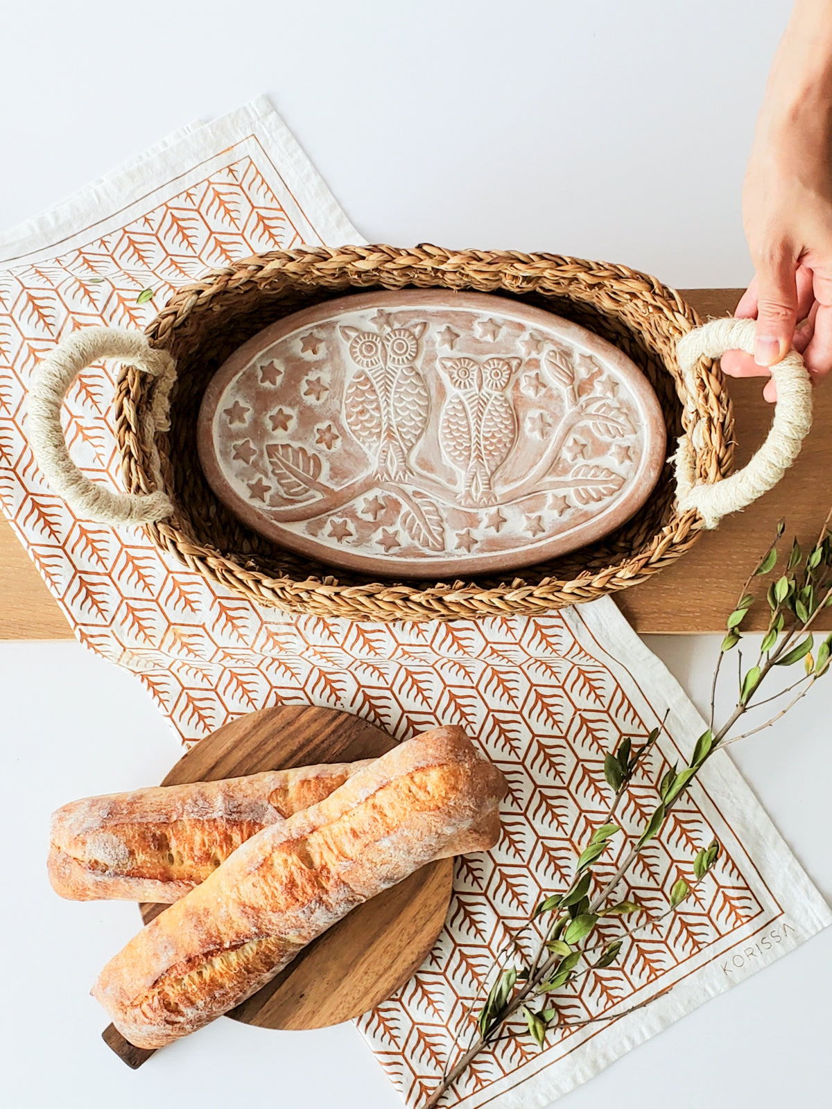 Bread Warmer &amp; Basket Gift Set with Tea Towel - Owl Oval-1