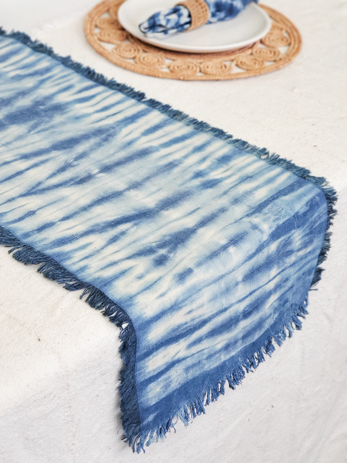 Tie Dye Cotton Table Runner - Indigo Blue-2