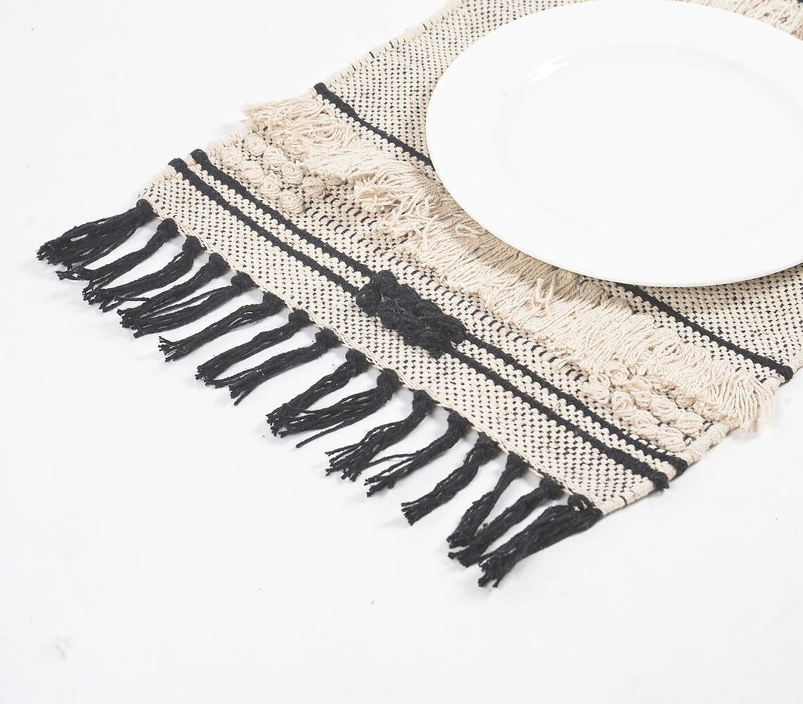 Handwoven Cotton Neutral Tasseled Placemats (Set of 4)-0