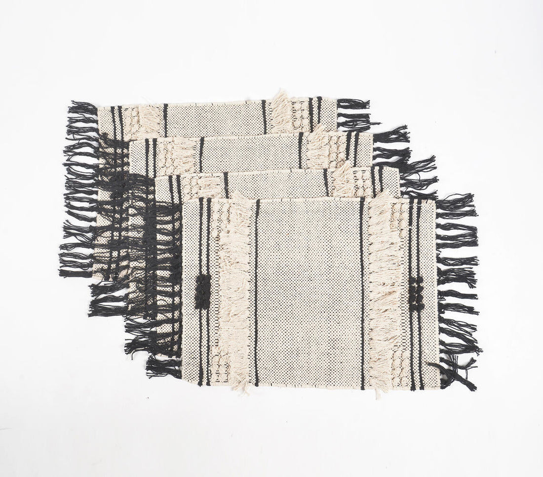 Handwoven Cotton Neutral Tasseled Placemats (Set of 4)-1