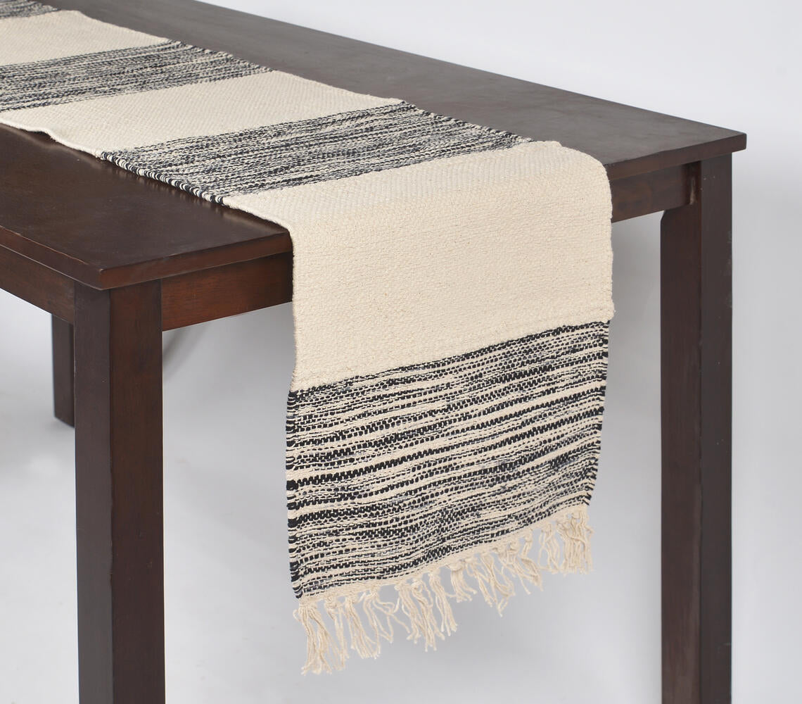 Handwoven Block Striped &amp; Tasseled Table Runner-1