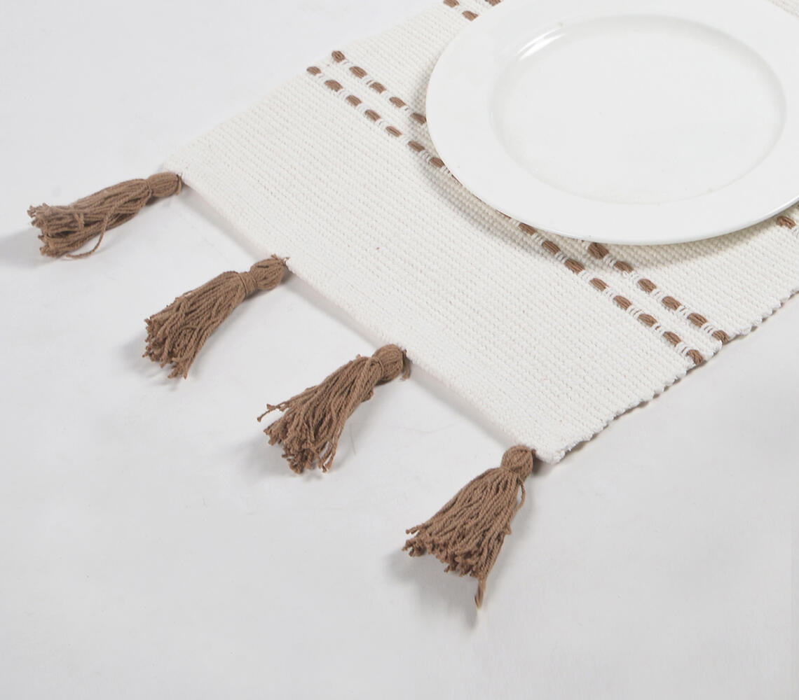 Handwoven Cotton Minimal Umber Tasseled Placemats (Set of 4)-0