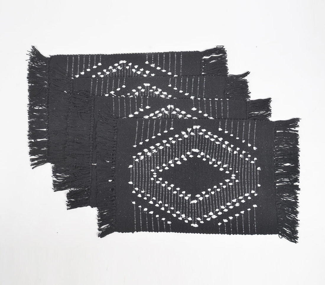 Handwoven Cotton Monochrome Diamond Placemats (Set of 4)-1