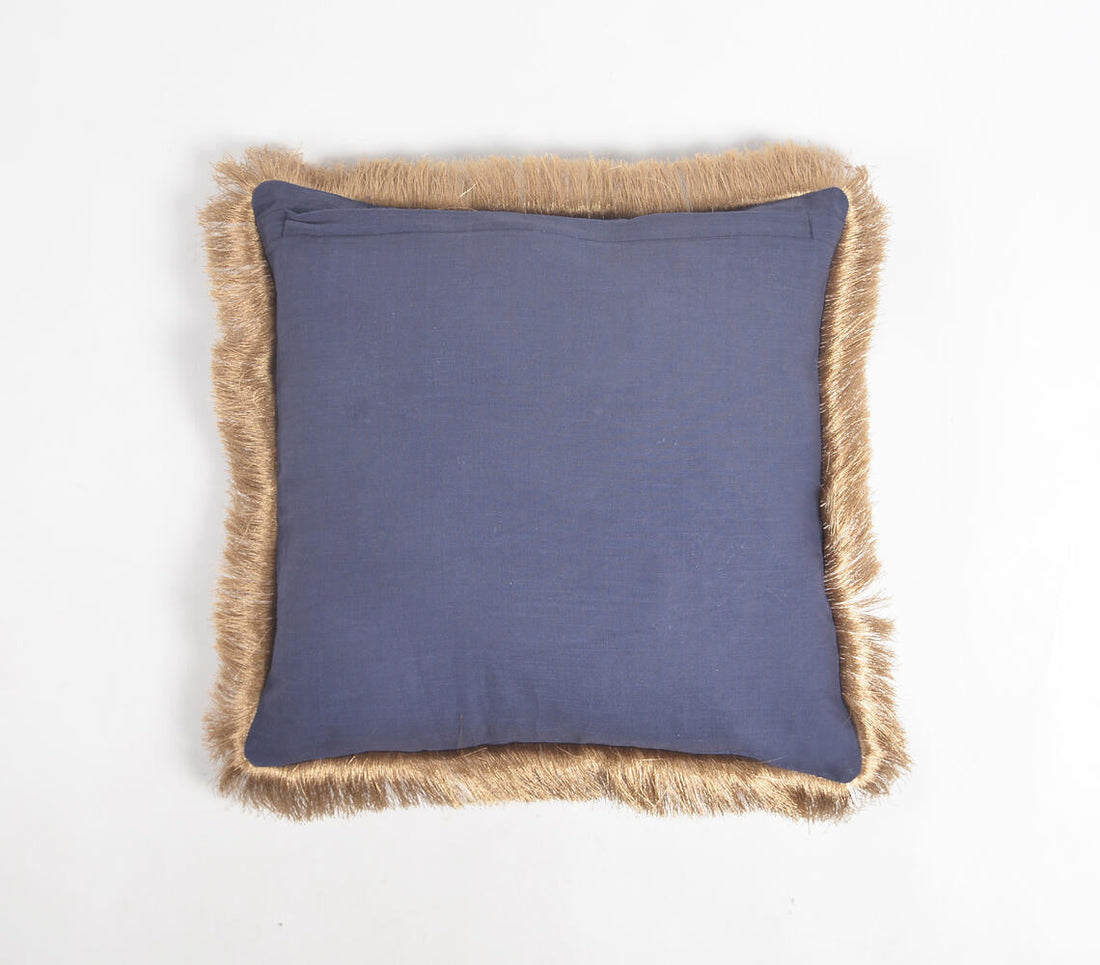 Solid Navy Cotton Linen Cushion Cover with Fringed Border-0