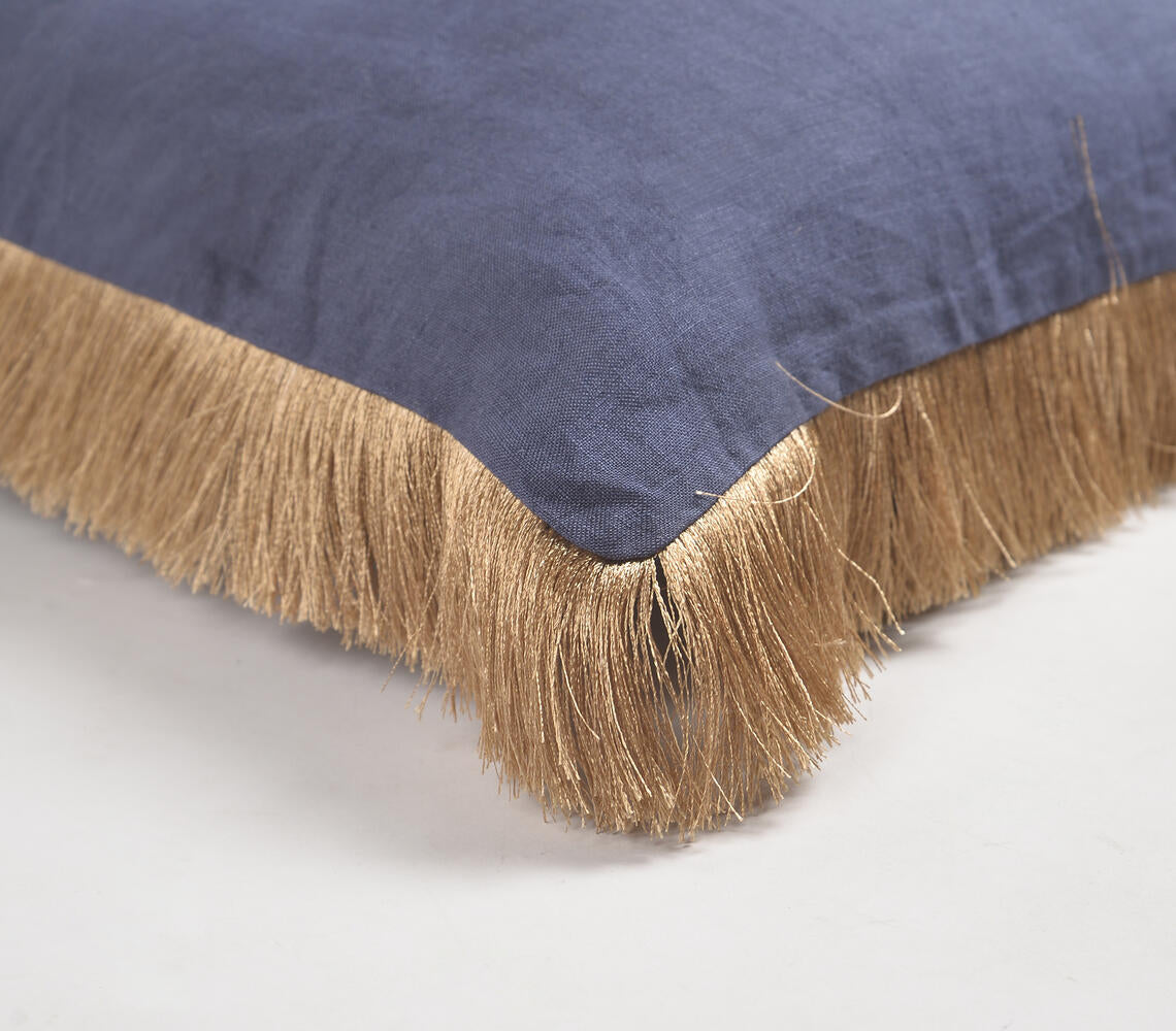 Solid Navy Cotton Linen Cushion Cover with Fringed Border-1