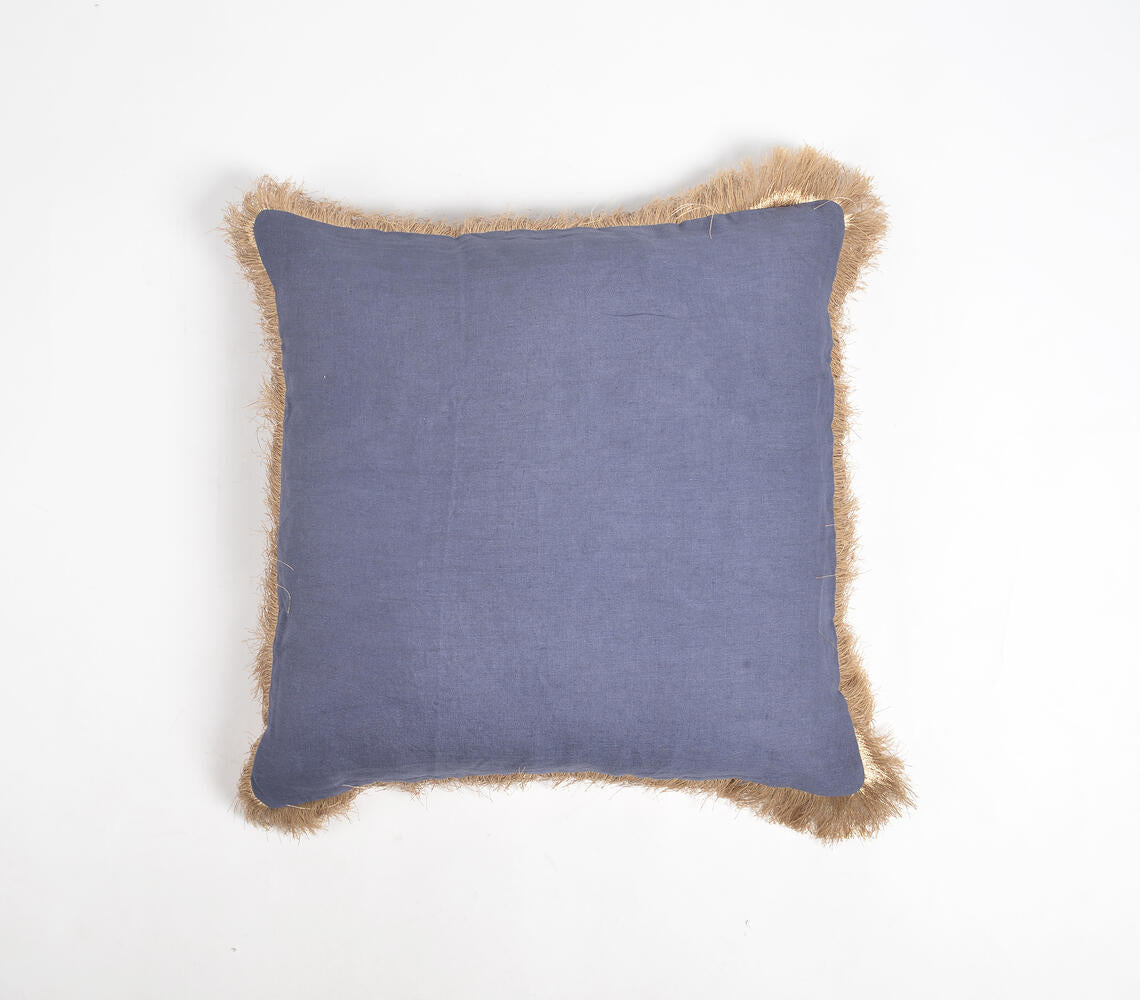 Solid Navy Cotton Linen Cushion Cover with Fringed Border-2